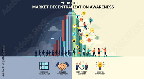 A conceptual illustration depicts market decentralization, highlighting awareness with interconnected figures, a cityscape, and icons representing key aspects such as transparency and innovation.