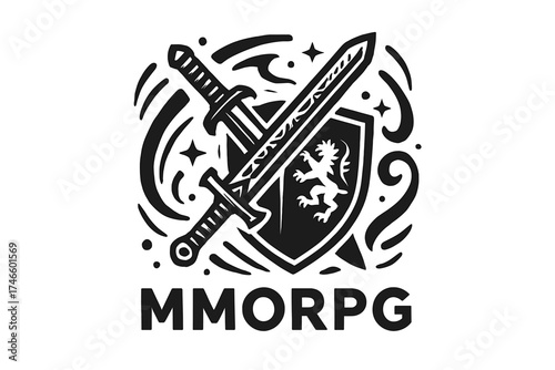 A detailed black and white logo design featuring crossed swords, a shield with a heraldic lion, and decorative elements, representing the acronym MMORPG for online gaming.