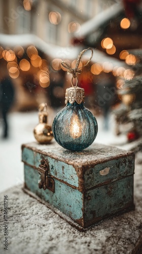 Blue Christmas ornament glowing on snowy vintage box outdoors