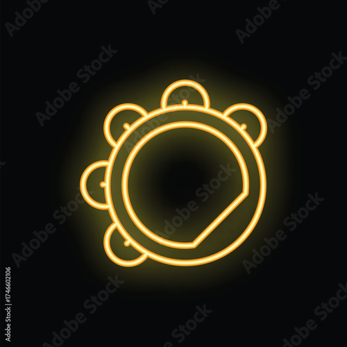 Tambourine glowing with yellow neon light on a black background
