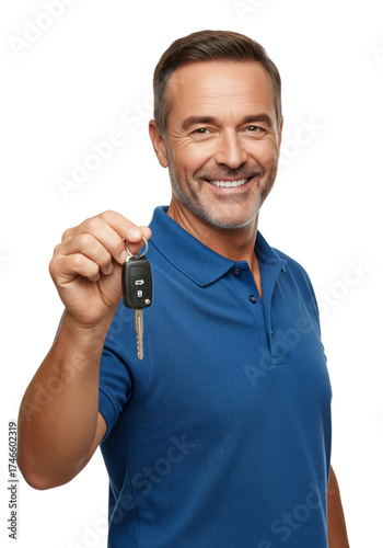 Taxi driver holding car key,smiling isolated on white