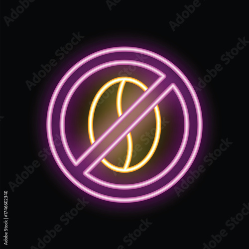 Bright glowing neon sign showing a coffee bean with a slash through it, indicating a no caffeine zone