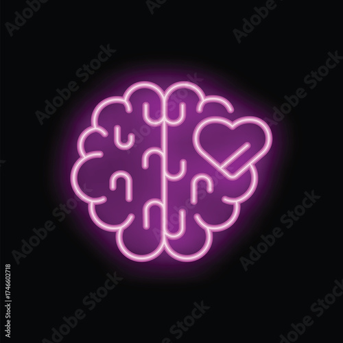 Neon brain glowing purple with a heart shape over black background representing the concept of emotional intelligence