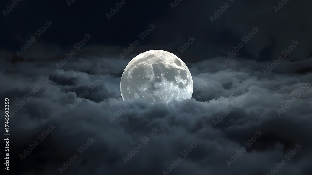 Fototapeta premium Full moon shining brightly through a thick layer of dark, swirling clouds in the night sky.
