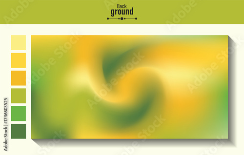 Abstract swirling green and yellow gradient background with color swatches