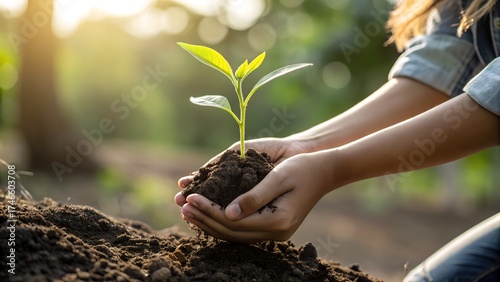 Closeup of a person holding a young plant in their hands, symbolizing growth and environmental care