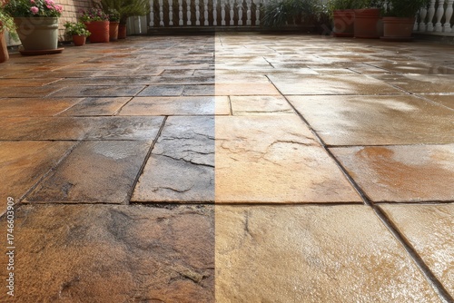 Stone patio cleaning, showcasing before and after pressure washing. Useful for demonstrating home improvement or cleaning service results.