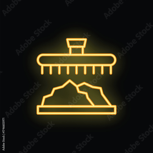 Yellow glowing neon icon of mining industry process, sorting minerals on conveyor belt