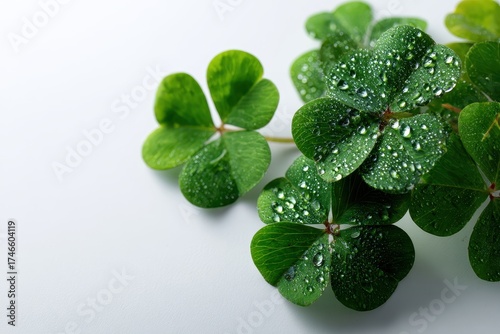 Fresh shamrocks covered in dew drops on a bright white background. Perfect for St. Patrick's Day designs or any lucky project.