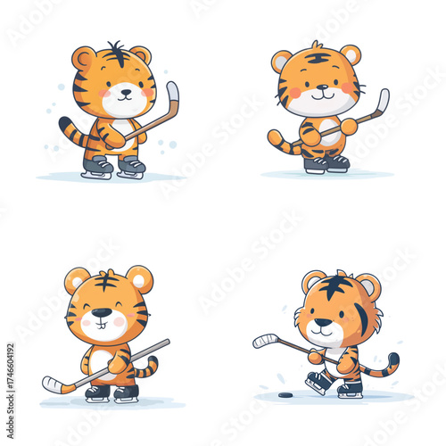 Cute cartoon tigers playing ice hockey in four different fun poses on a snowy rink