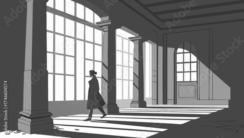 Dramatic Silhouette of Person Walking Through a Light-Filled Hallway.