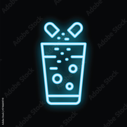Blue neon icon of dissolving effervescent pills in glass of water is glowing on black background