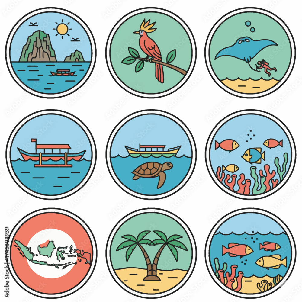 Fototapeta premium Raja Ampat National Park Minimalist vector icons. Flat style, high resolution, and bold lines. Captures the beauty of Indonesian marine life and islands.