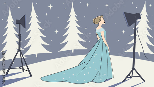 Elegant Woman in a Long Gown Posing for a Photoshoot in a Winter Setting.