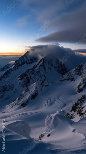 This breathtaking vertical shot captures a majestic snow-covered mountain range at twilight or dawn, showcasing dramatic peaks shrouded in swirling clouds. The sky transitions from a deep, starry blue