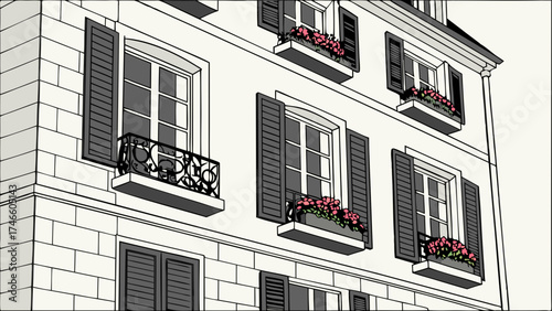 European Style Building Facade with Flowers.