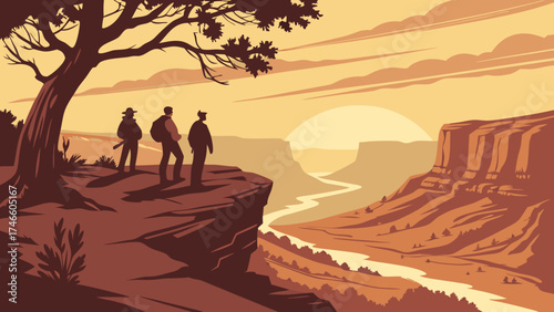 Explorers on a Cliff Overlooking a Canyon Landscape.