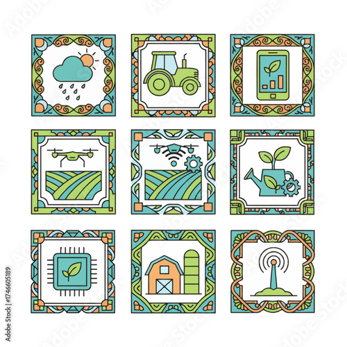 Smart Farming Icon Set Minimalist vector icons with decorative ornaments. Flat style, bold lines, beautiful colors. High-res for AgriTech projects.