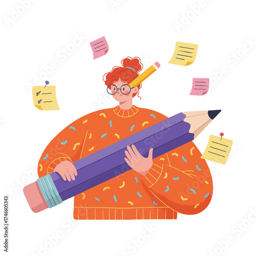Writer girl with huge pencil surrounded by inspiration and creativity