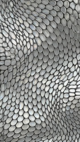 This mesmerizing abstract background features an intricate, seamless pattern of lustrous, pearlescent oval elements. The silvery-grey surface appears to subtly undulate and ripple, creating a sophisti