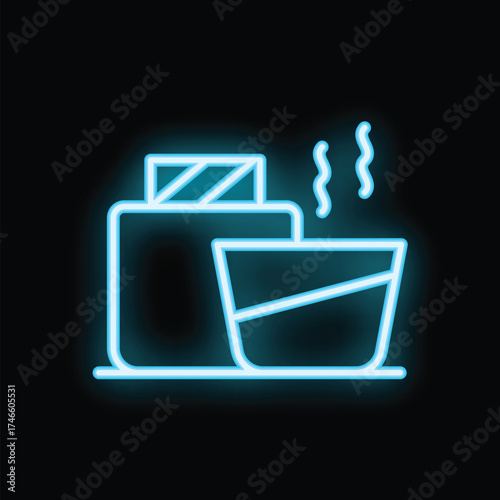 Glowing blue neon sign representing a cup of instant noodles with steam coming out, on a black background