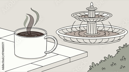 A cup of coffee near a fountain in a garden.