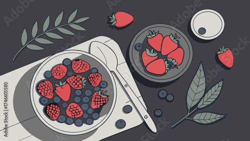 Fresh Berries Bowl Healthy Breakfast Summer Fruit Top View Illustration Flatlay Design.
