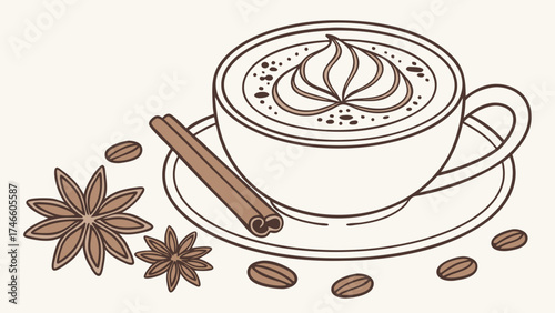 A cup of coffee with latte art and spices.