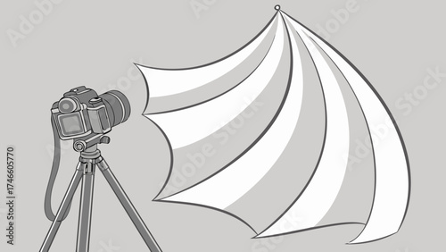 A DSLR Camera on Tripod with Diffuse Lighting Umbrella.