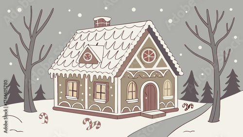 A Festive Winter Scene Illustrated Gingerbread House in a Snowy Landscape.