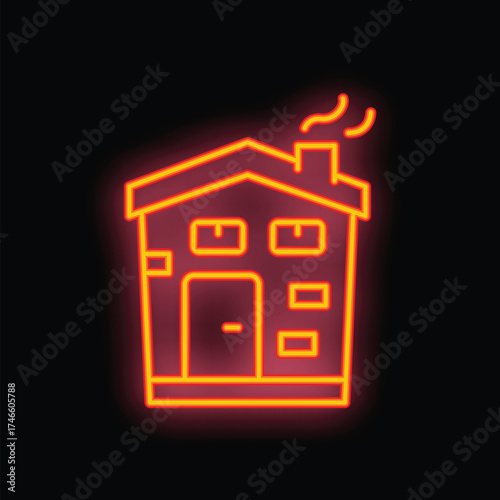 Glowing red and orange neon sign of a house with smoke coming from the chimney against a black background