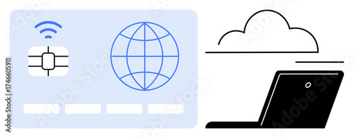 Smart chip card, global internet icon, laptop with cloud. Ideal for security, fintech, connectivity, digital transformation, data access online storage global network. Simple flat metaphor