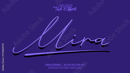 Mira name handwritten calligraphy script with glowing neon purple light effect in 3D editable vector file format