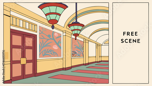 Hallway Illustration with Decorative Design Elements.