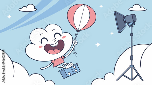 Happy Cloud Character on Hot Air Balloon Adventure with Studio Lighting Setup.
