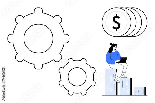 Gears represent processes, coins signify wealth, and a woman working on blocks symbolizes productivity. Ideal for business, finance, teamwork, strategy, innovation, growth models and efficiency