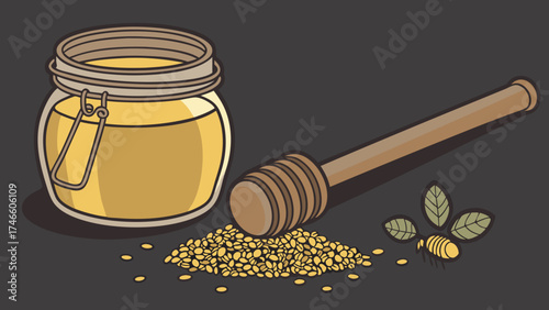 Honey Jar with Dipper and Pollen.