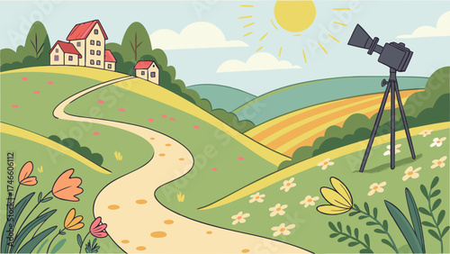 A picturesque countryside landscape with a camera on a tripod.