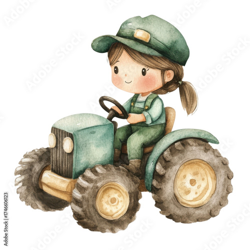 Girl driving a tractor on transparent background
