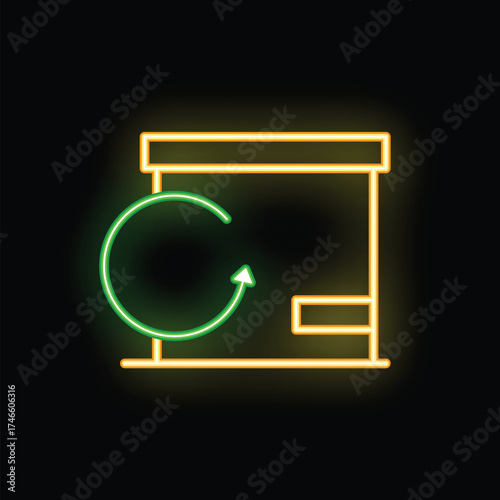 Neon sign of a green recycle symbol turning around a cardboard box, on a black background