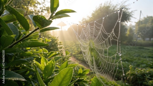 Morning dew on spider web glimmering in sunlight surrounded by lush greenery