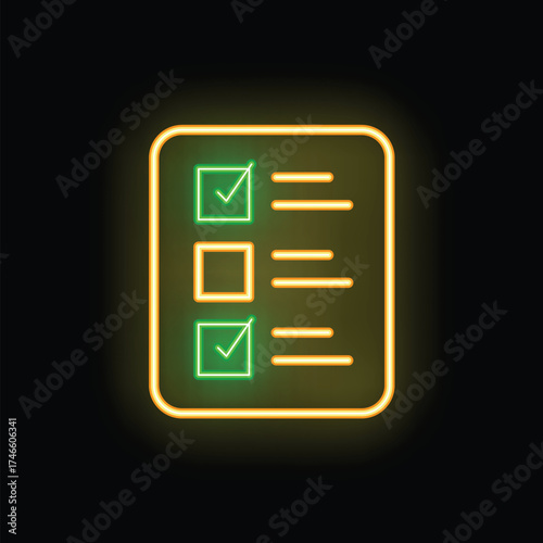 Glowing neon line clipboard with checklist icon isolated on black background. Vector illustration
