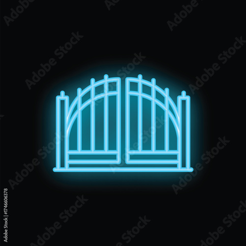 Neon blue glowing icon of a metal gate on a black background