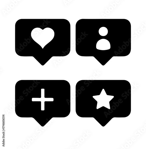 Social Interaction Bubble Icon Set – Stylized Symbols for Like, Follow, Profile, and Favorite in UI Design