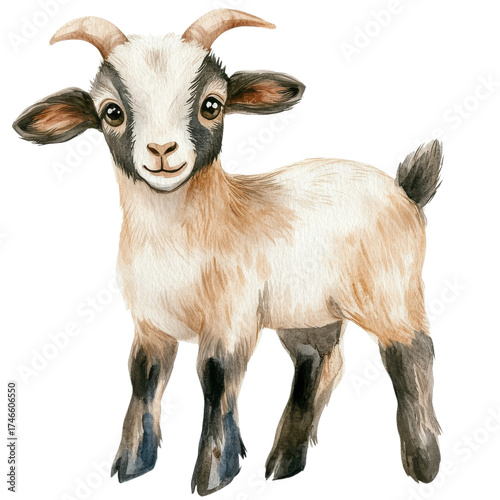 A watercolor baby goat on transparent background