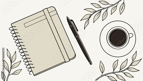 A Simple Workspace Arrangement with Journal Pen and Coffee Cup.