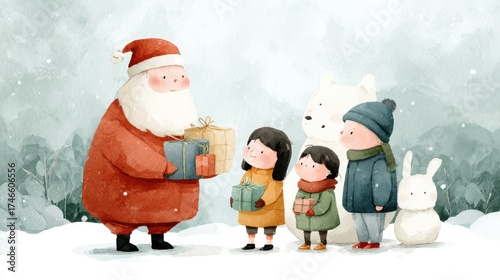 Santa giving presents to children in snowy forest illustration