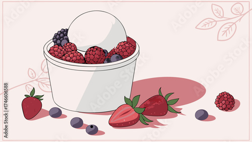 Illustration of a dessert cup with mixed berries and ice cream.