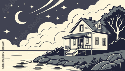 Illustration of a house by the sea at night with stars and moon serene cottage setting.