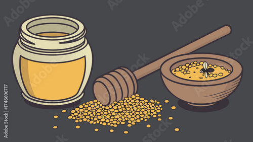 Illustration of Honey and Pollen with Dipper and Bowl.